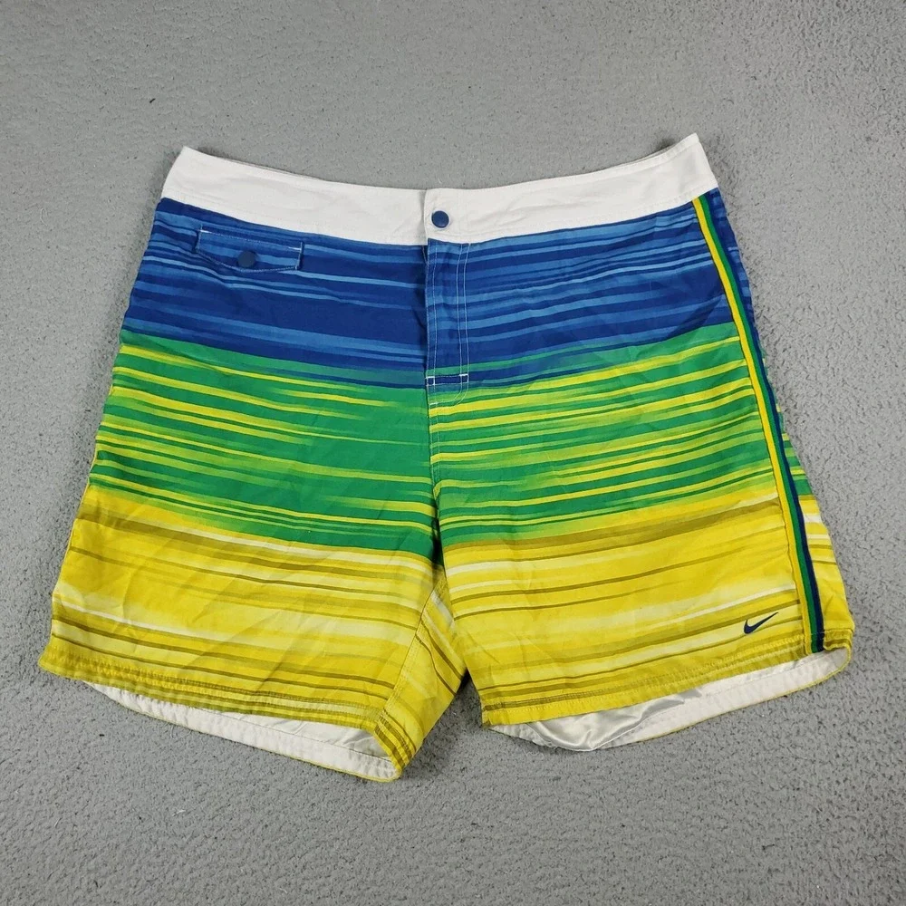 Nike Board Shorts Mens 36 Blue Yellow Striped Lace Tie Beach Swim Trunks